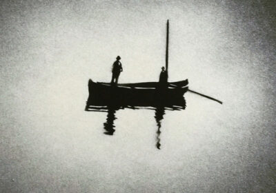 Illustration: Schwarz-weiß Boot mit zwei Personen.