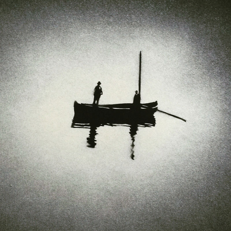 Illustration: Schwarz-weiß Boot mit zwei Personen.