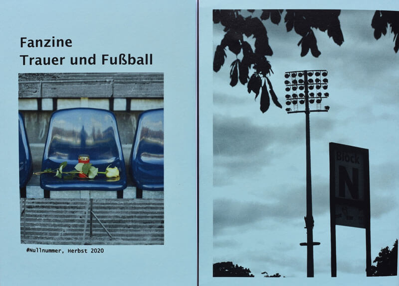 Fanzine Trauer und Fußball. Der leere Stadionsitz mit gelber Blume und roter Kerze im Stehplatzbereich. Darunter Nullnummer, Herbst 2020. Auf der Rückseite ein Flutlicht.